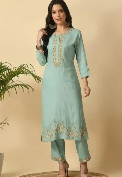 Embroidered Cotton Rayon Straight Kurta Set in Sea Green