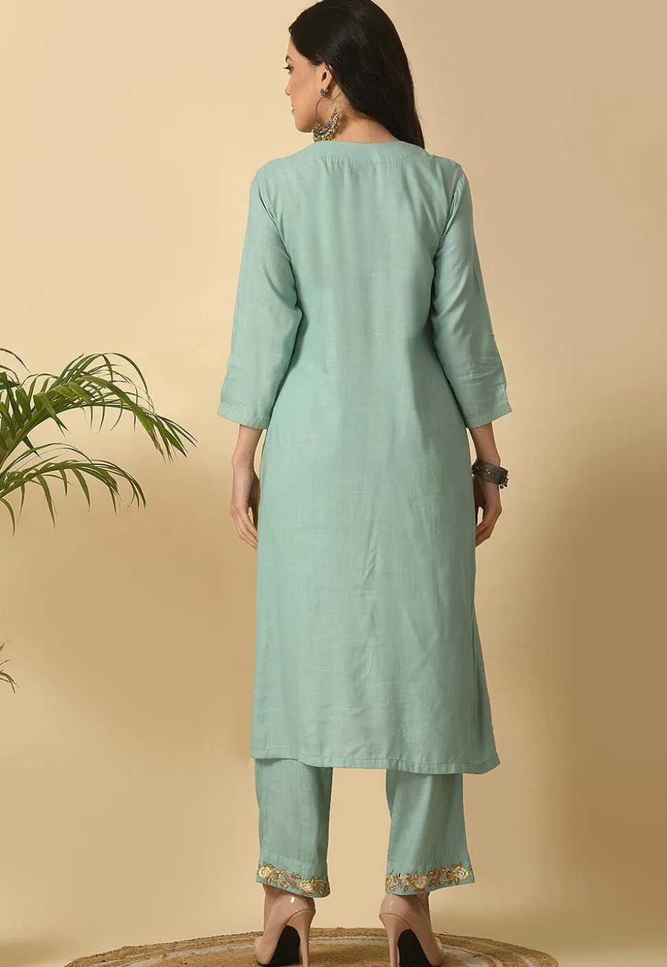 Embroidered Cotton Rayon Straight Kurta Set in Sea Green