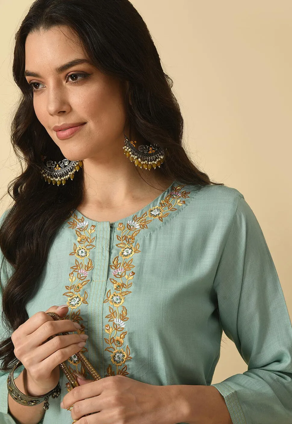 Embroidered Cotton Rayon Straight Kurta Set in Sea Green