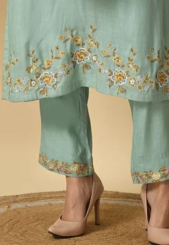 Embroidered Cotton Rayon Straight Kurta Set in Sea Green
