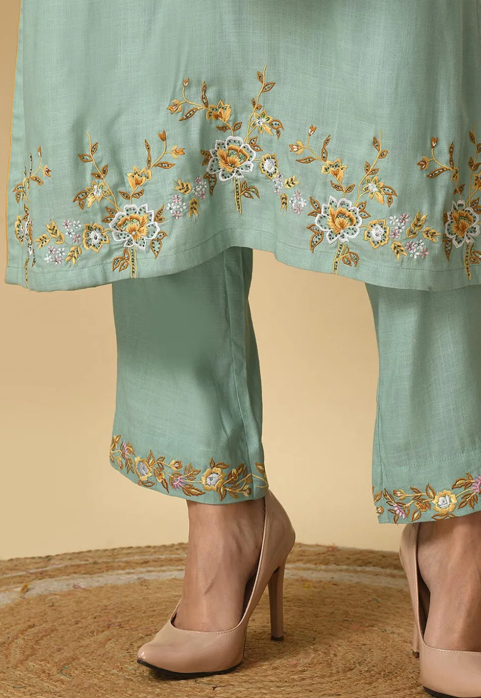 Embroidered Cotton Rayon Straight Kurta Set in Sea Green