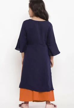Embroidered Cotton Rayon Straight Kurta Set in Navy Blue