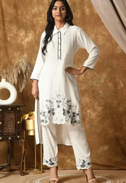 Embroidered Cotton Rayon High Low Kurta Set in Off White