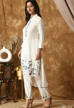 Embroidered Cotton Rayon High Low Kurta Set in Off White