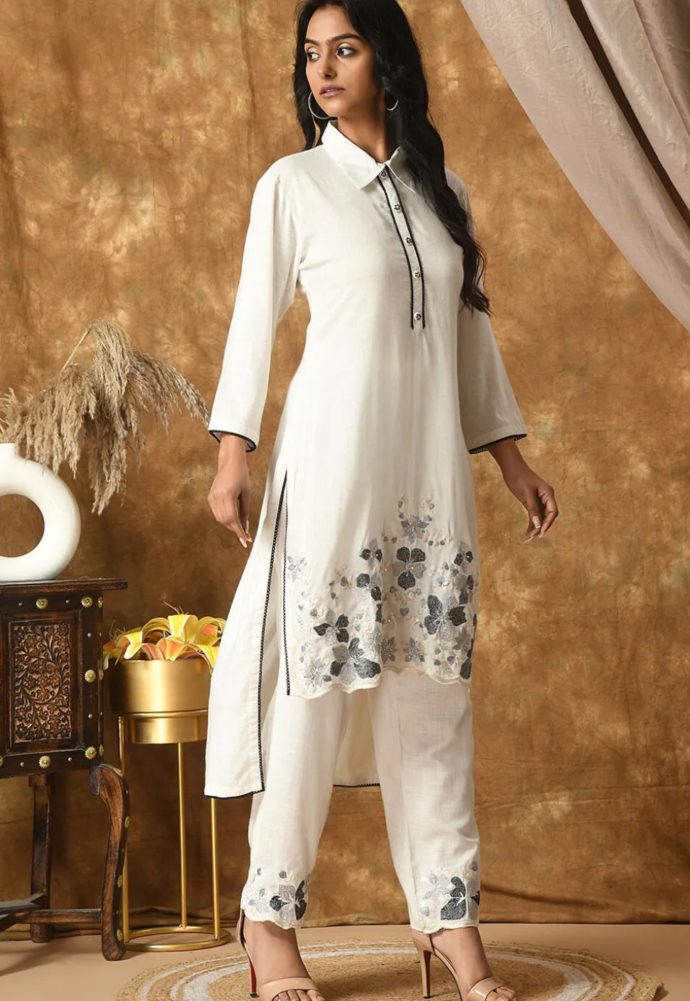 Embroidered Cotton Rayon High Low Kurta Set in Off White