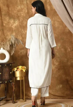 Embroidered Cotton Rayon High Low Kurta Set in Off White