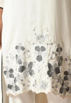 Embroidered Cotton Rayon High Low Kurta Set in Off White