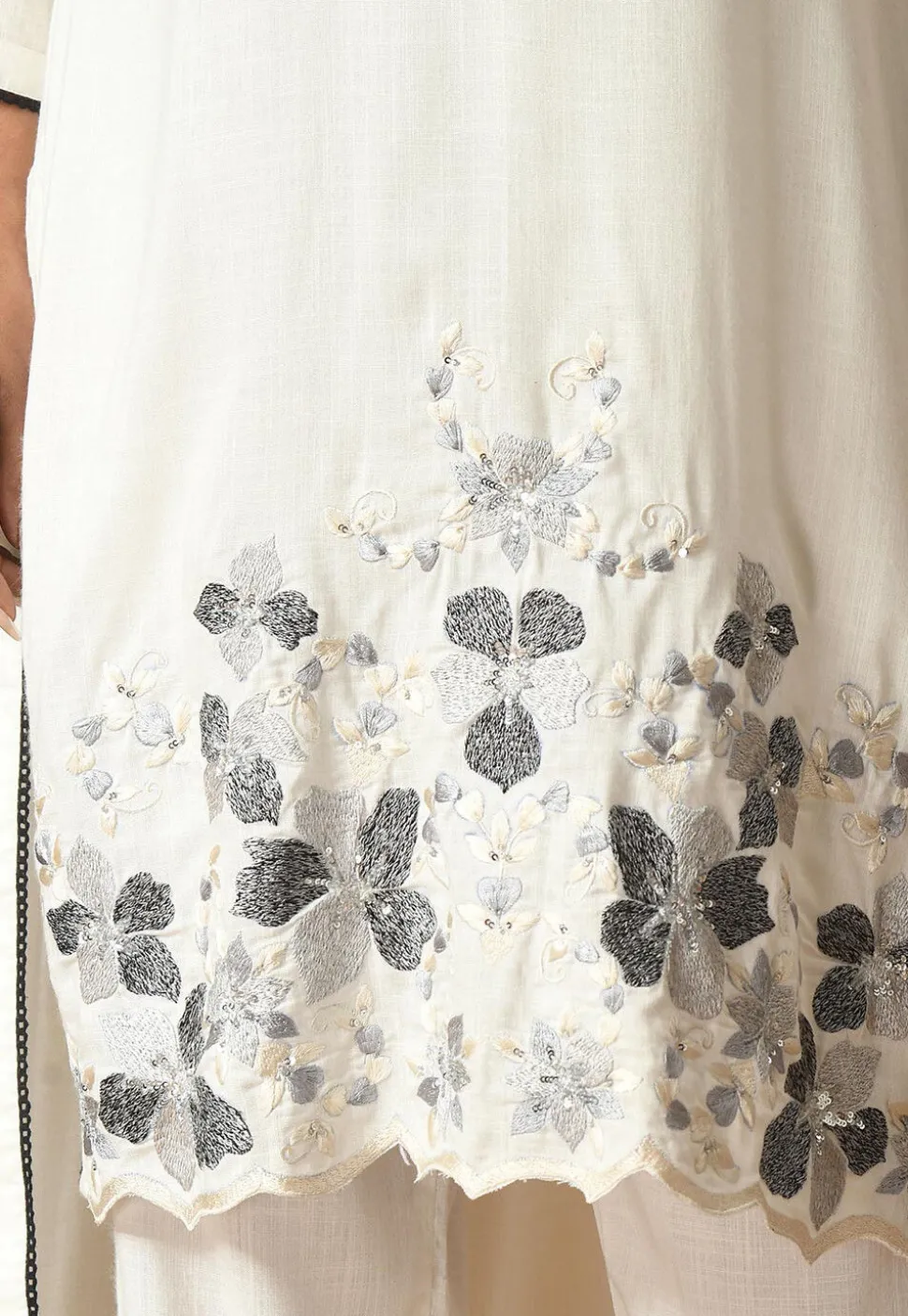 Embroidered Cotton Rayon High Low Kurta Set in Off White