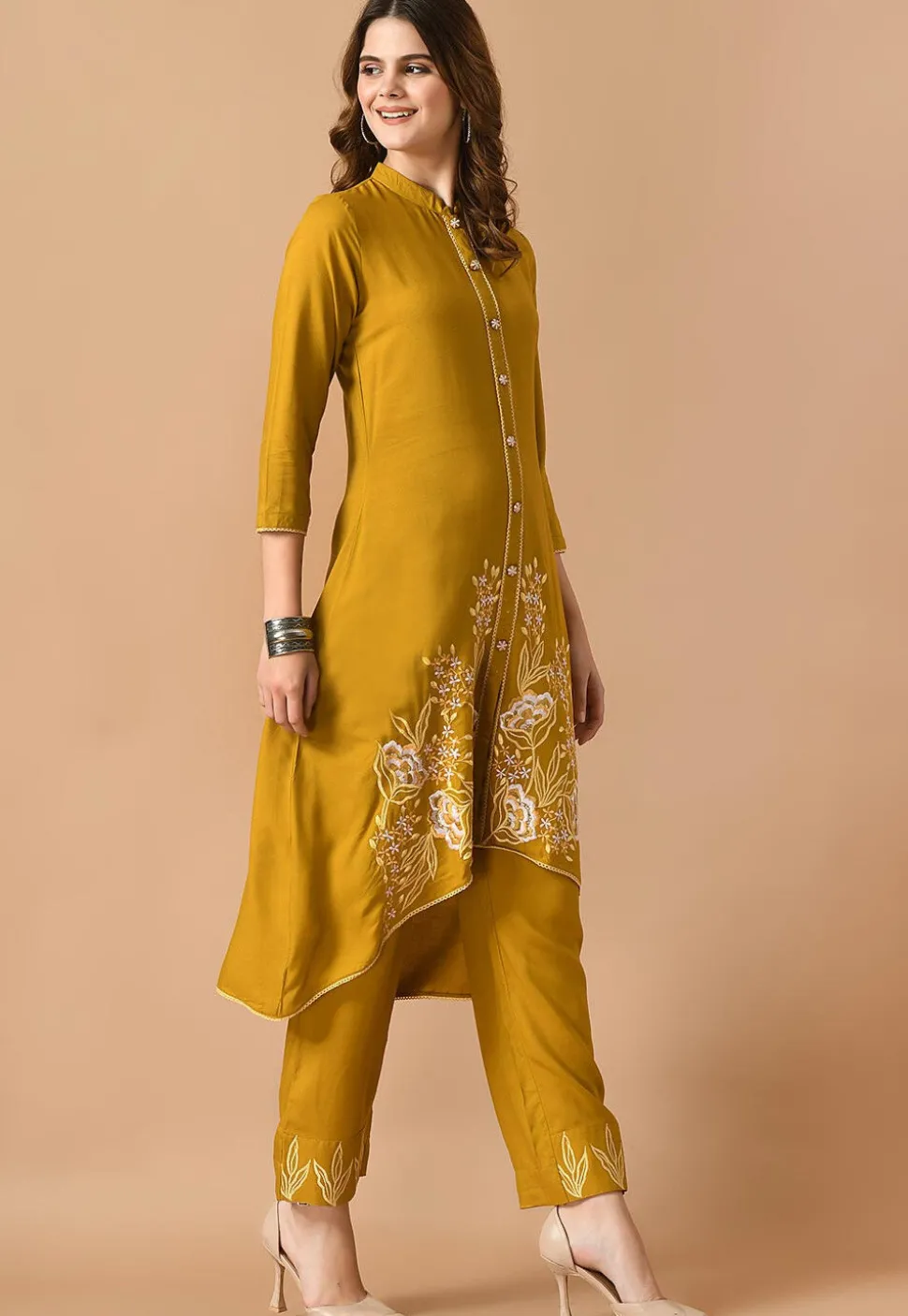 Embroidered Cotton Rayon High Low Kurta Set in Mustard