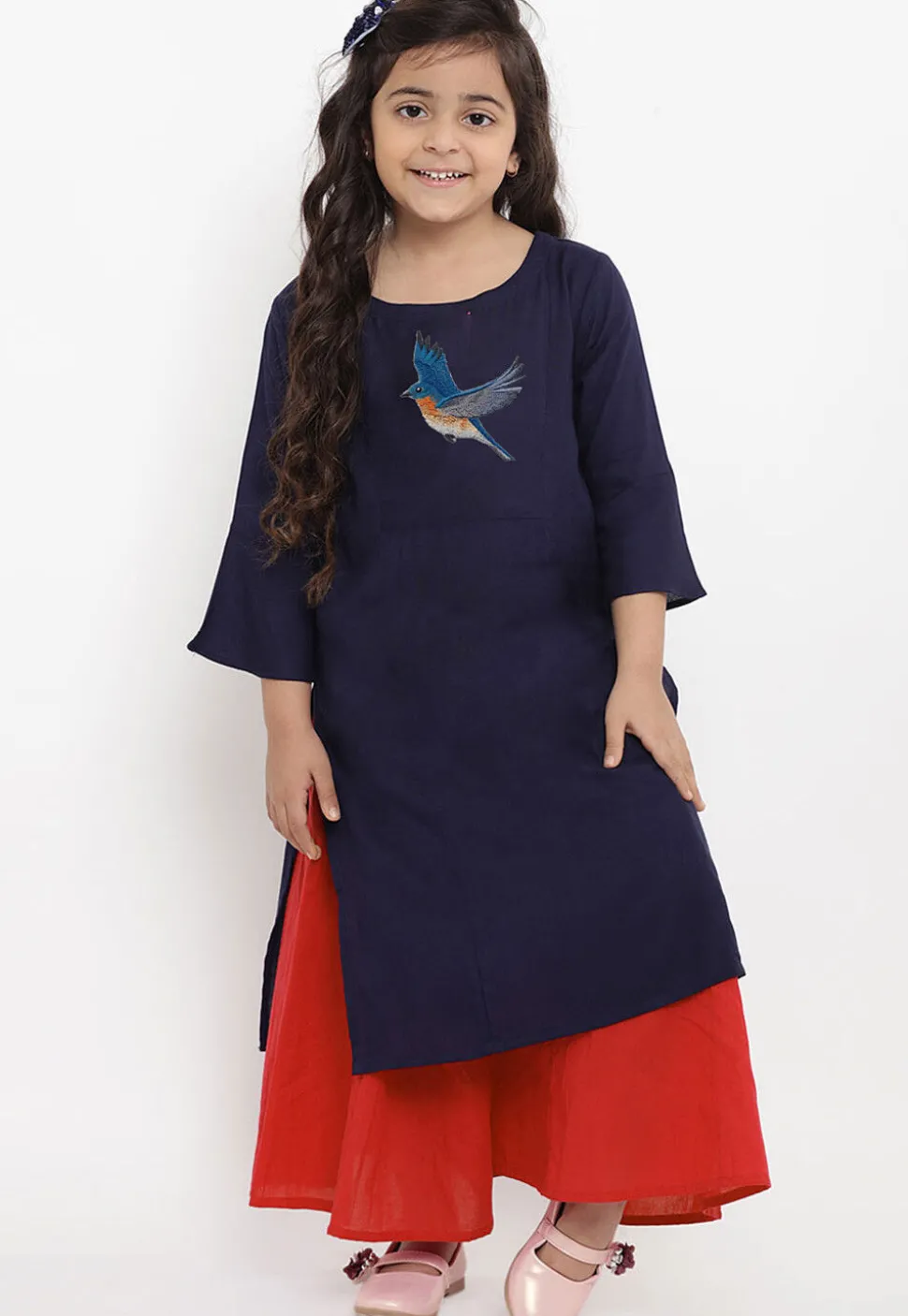 Embroidered Cotton Rayon Straight Kurta Set in Navy Blue