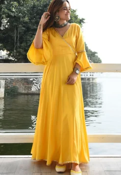 Embroidered Cotton Rayon Maxi Dress Set in Yellow