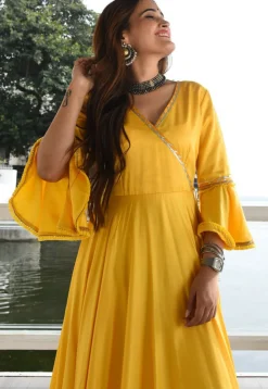 Embroidered Cotton Rayon Maxi Dress Set in Yellow