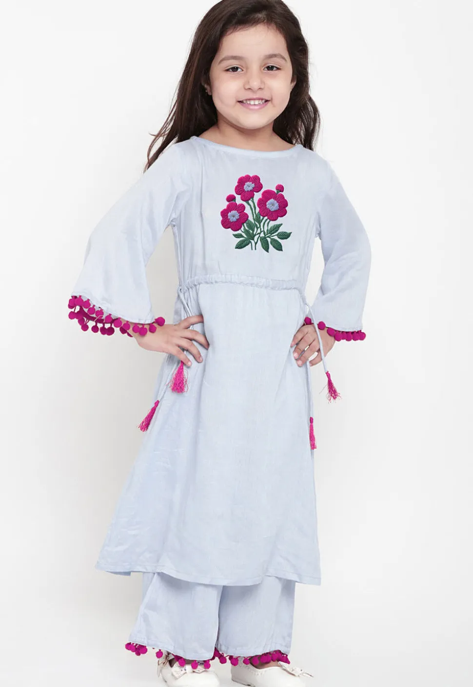 Embroidered Cotton Rayon A Line Kurta Set in Light Blue