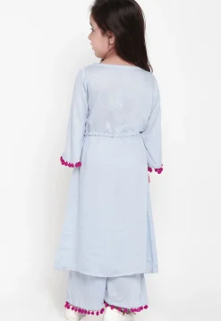 Embroidered Cotton Rayon A Line Kurta Set in Light Blue