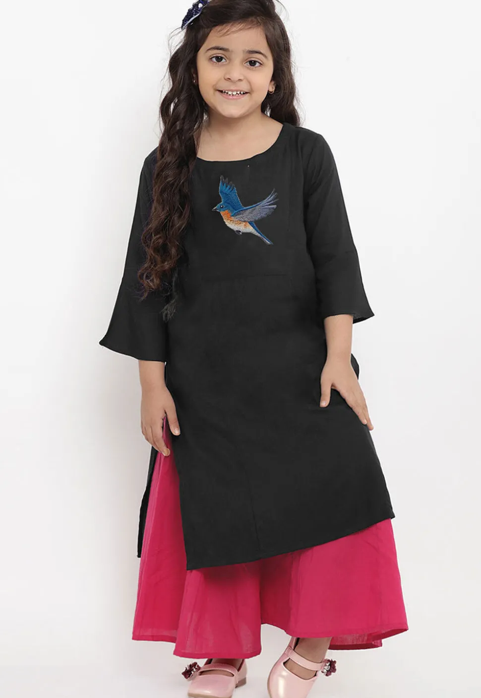 Embroidered Cotton Rayon Straight Kurta Set in Black