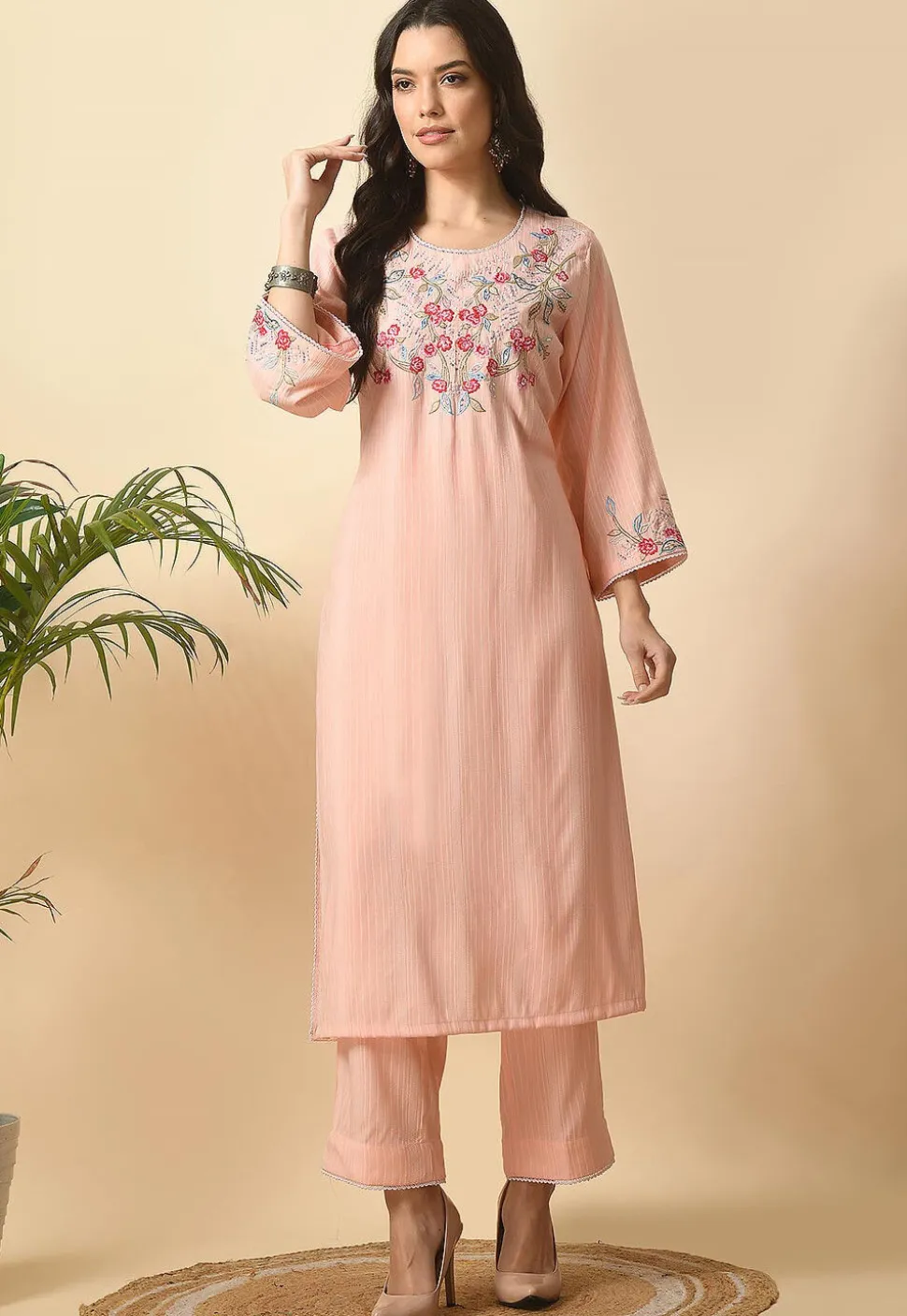 Embroidered Cotton Rayon Straight Kurta Set in Peach