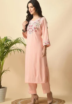 Embroidered Cotton Rayon Straight Kurta Set in Peach