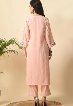 Embroidered Cotton Rayon Straight Kurta Set in Peach