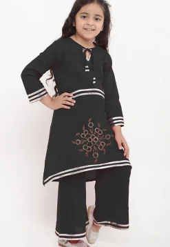 Embroidered Cotton Rayon A Line Kurta Set in Black