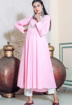 Embroidered Cotton Rayon A Line Kurta Set in Pink