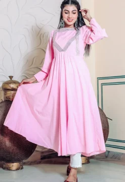 Embroidered Cotton Rayon A Line Kurta Set in Pink