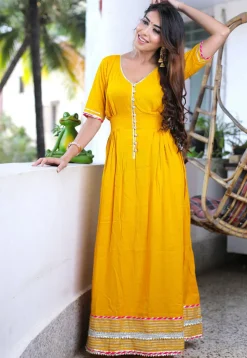 Embroidered Cotton Rayon Maxi Dress Set in Yellow