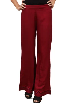 Embroidered Cotton Rayon Palazzo in Maroon
