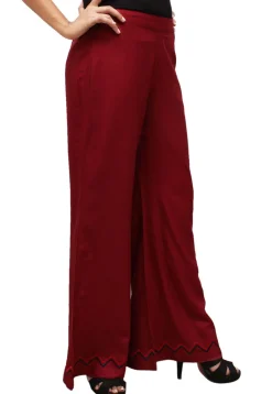 Embroidered Cotton Rayon Palazzo in Maroon