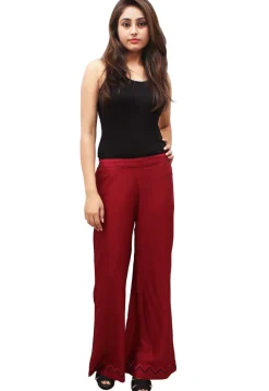 Embroidered Cotton Rayon Palazzo in Maroon