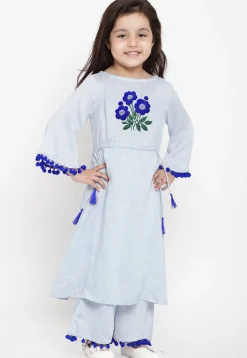 Embroidered Cotton Rayon A Line Kurta Set in Light Blue
