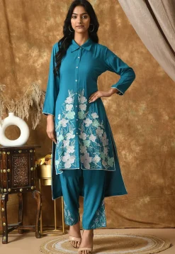 Embroidered Cotton Rayon High Low Kurta Set in Blue