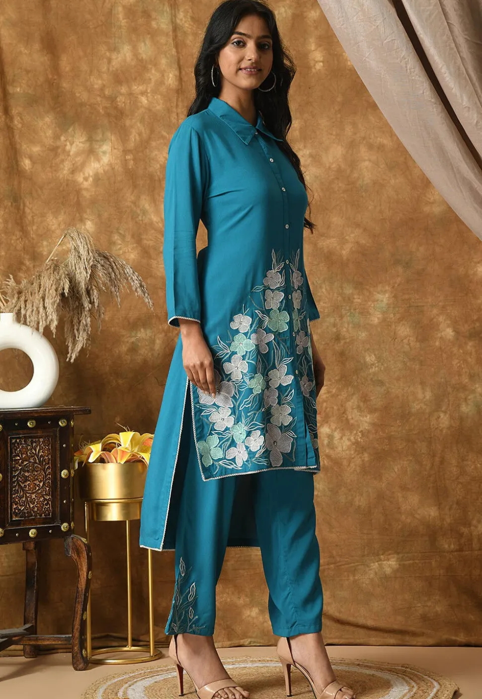 Embroidered Cotton Rayon High Low Kurta Set in Blue