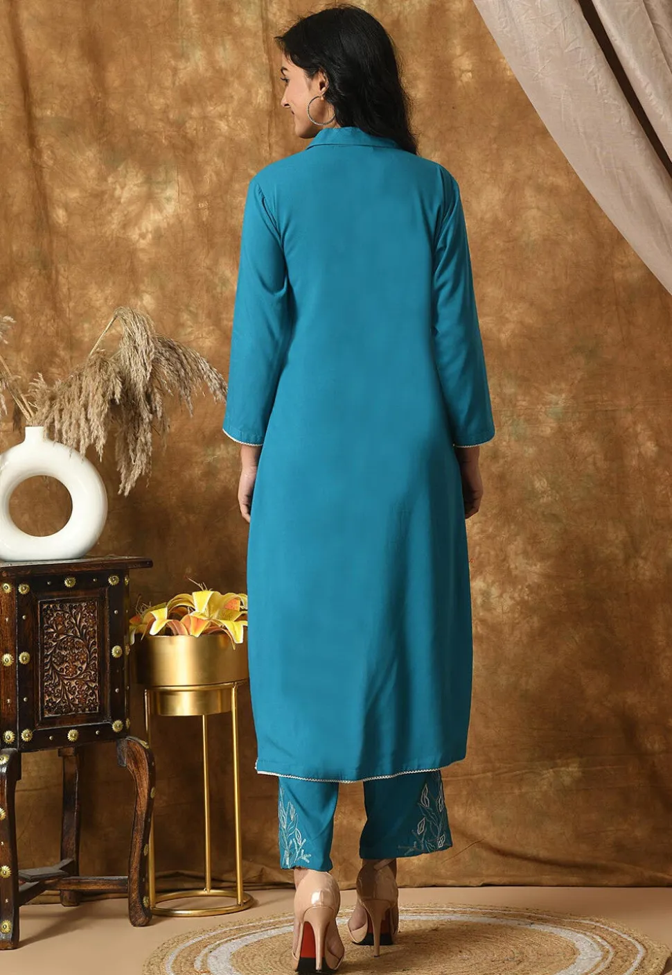Embroidered Cotton Rayon High Low Kurta Set in Blue