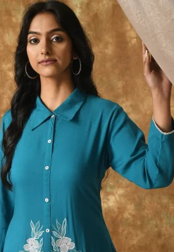 Embroidered Cotton Rayon High Low Kurta Set in Blue