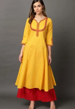 Embroidered Cotton Rayon A Line Kurta in Mustard