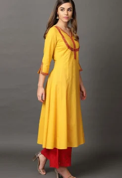 Embroidered Cotton Rayon A Line Kurta in Mustard