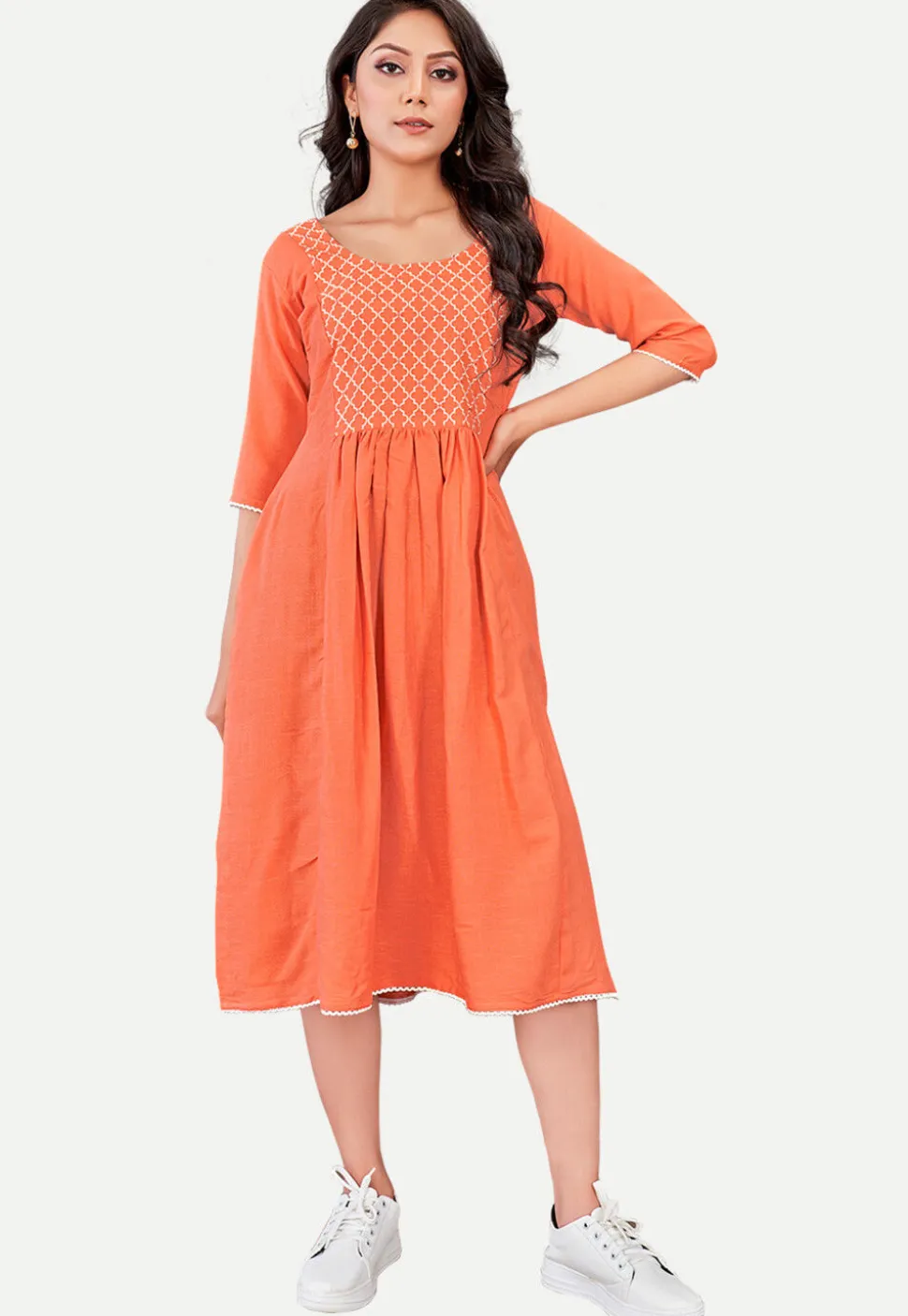 Embroidered Cotton Rayon Aline Dress in Orange