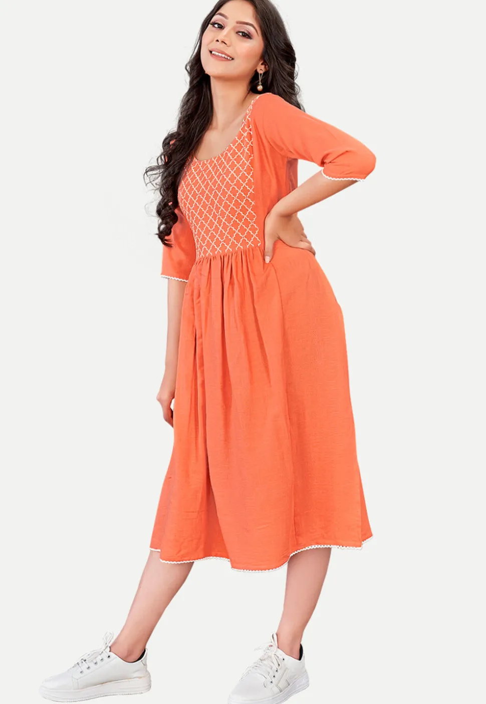 Embroidered Cotton Rayon Aline Dress in Orange