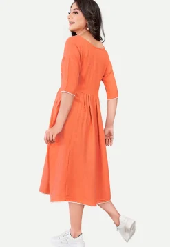Embroidered Cotton Rayon Aline Dress in Orange