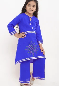 Embroidered Cotton Rayon A Line Kurta Set in Royal Blue