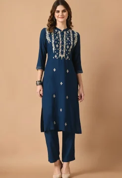 Embroidered Cotton Rayon Straight Kurta Set in Navy Blue