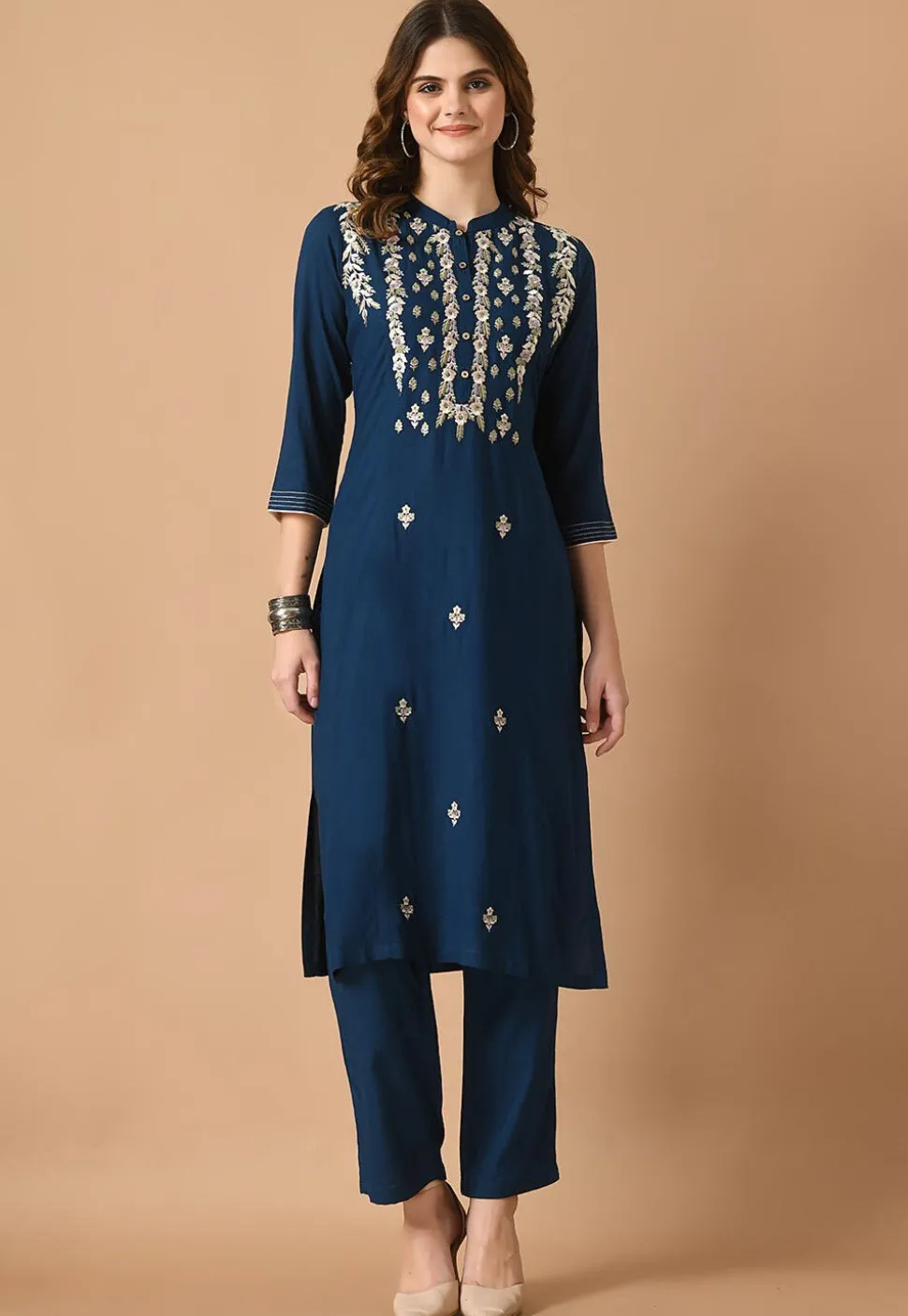 Embroidered Cotton Rayon Straight Kurta Set in Navy Blue