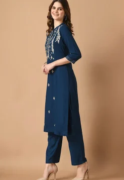 Embroidered Cotton Rayon Straight Kurta Set in Navy Blue