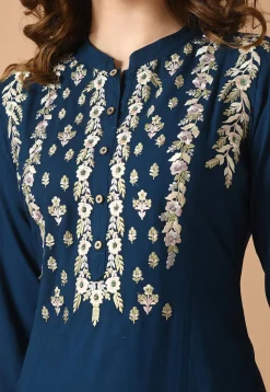 Embroidered Cotton Rayon Straight Kurta Set in Navy Blue