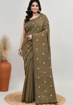 Embroidered Cotton Saree in Dusty Green