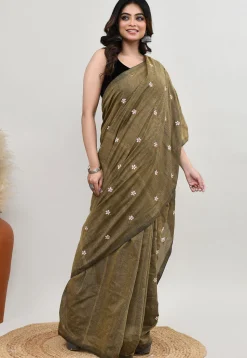 Embroidered Cotton Saree in Dusty Green