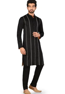 Embroidered Cotton Satin Kurta Set in Black