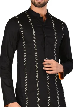 Embroidered Cotton Satin Kurta Set in Black
