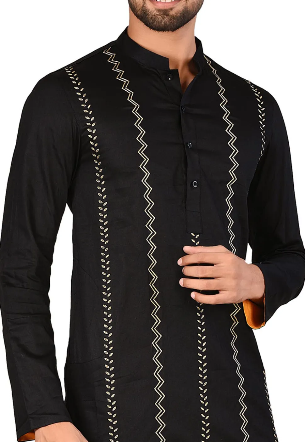 Embroidered Cotton Satin Kurta Set in Black
