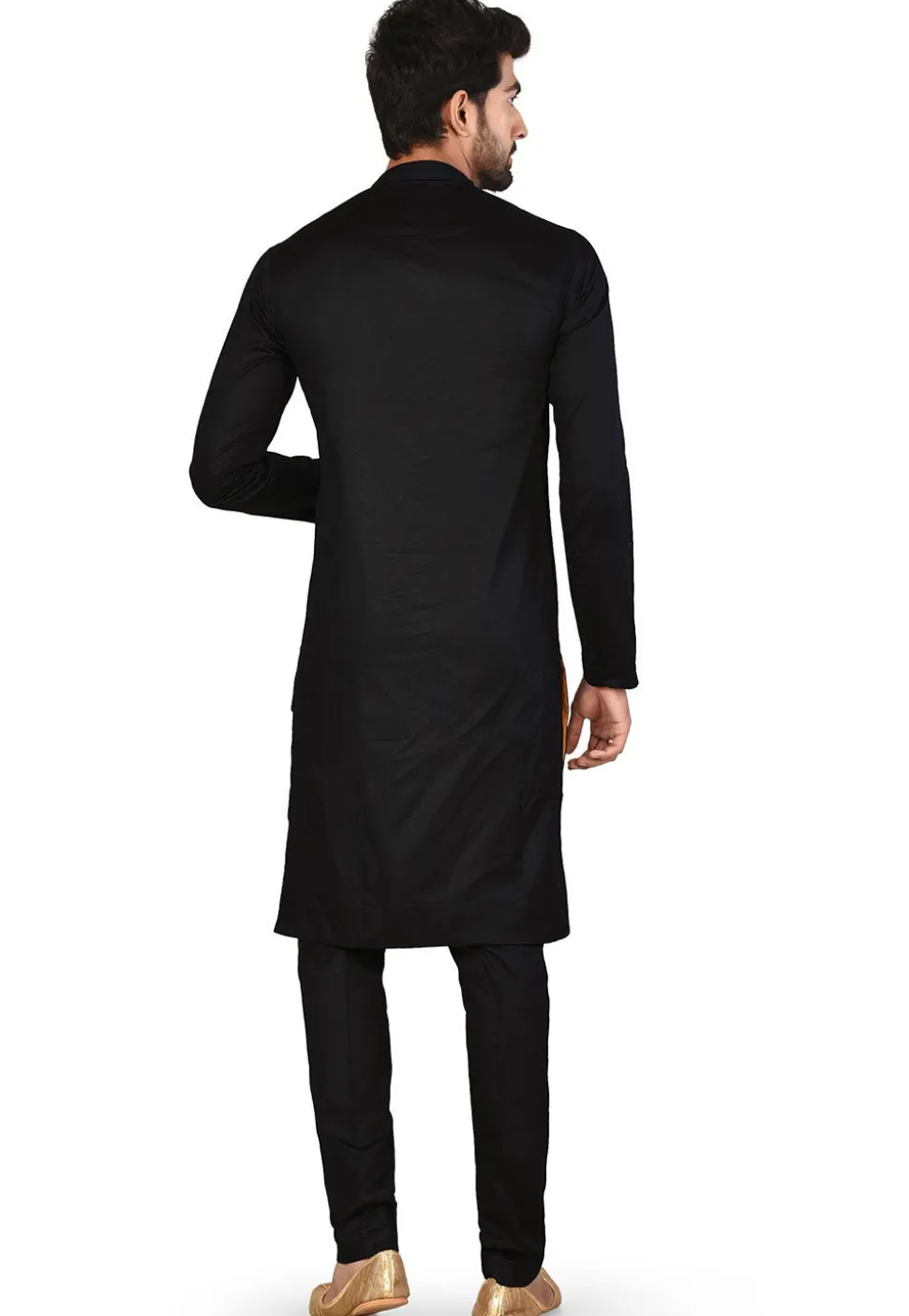 Embroidered Cotton Satin Kurta Set in Black